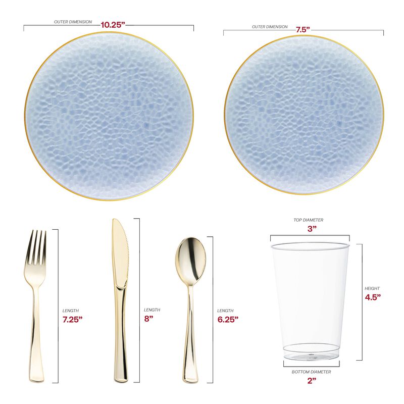 Clear Blue with Gold Rim Hammered Glass Plastic Wedding Value Set (120 Sets) image number 2