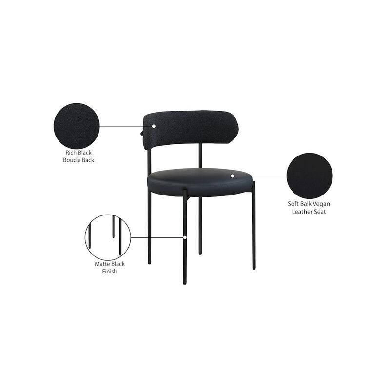 Meridian Furniture Beacon Black Vegan Leather and Boucle Fabric Dining Chair, Set of 2
