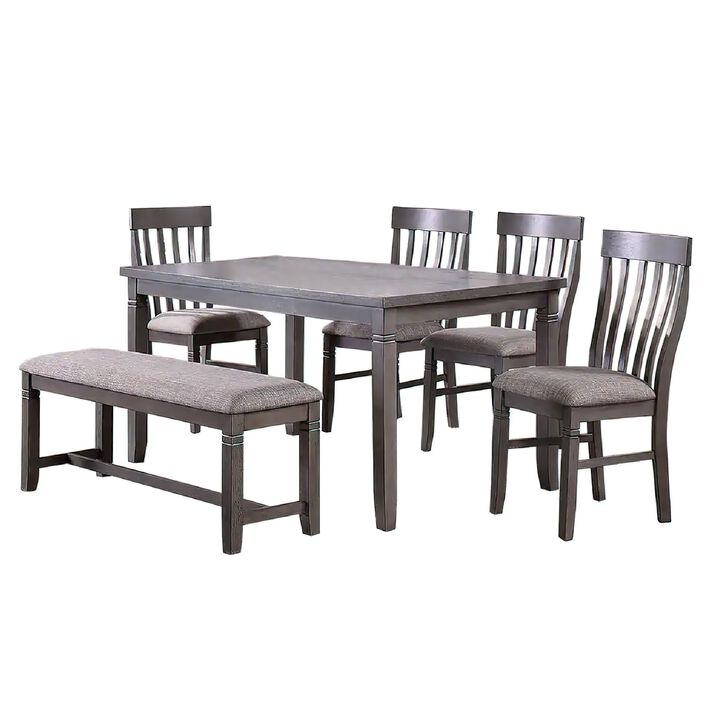 6 Piece Dining Set with Table, 4 Chairs and Bench, Wood Frame, Gray Fabric - Benzara