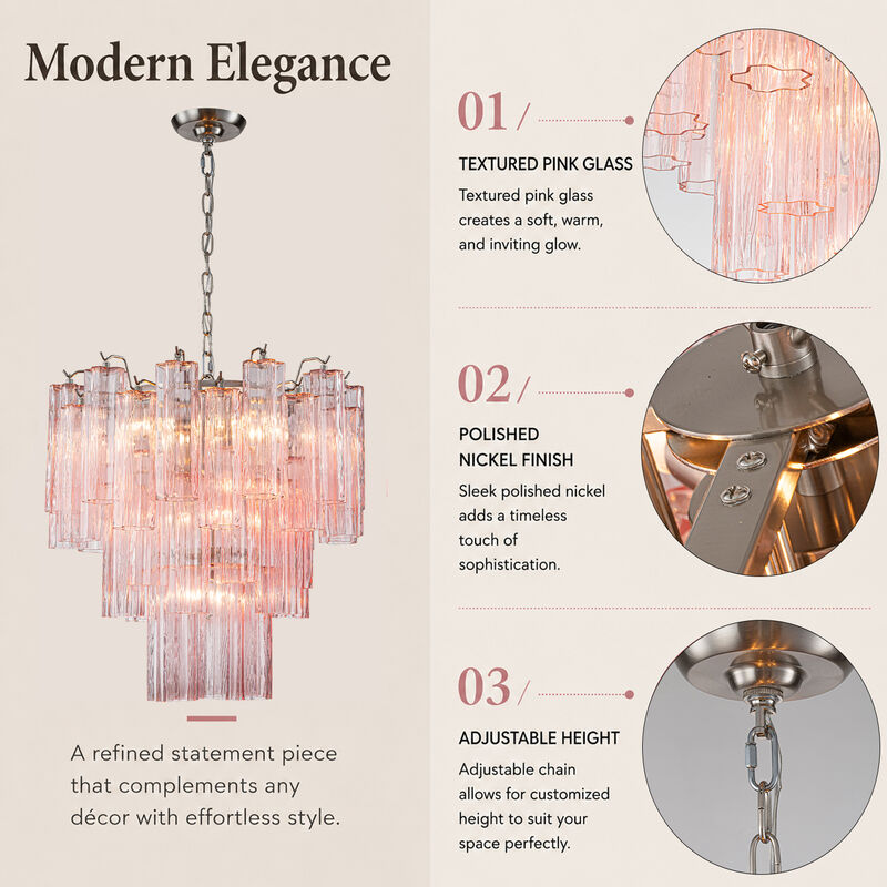 23'' Modern Pink Textured Glass Chandelier in Polished Nickel Elegant Glam Tiered Pendant Light for Dining Room or Wedding Venue image number 4