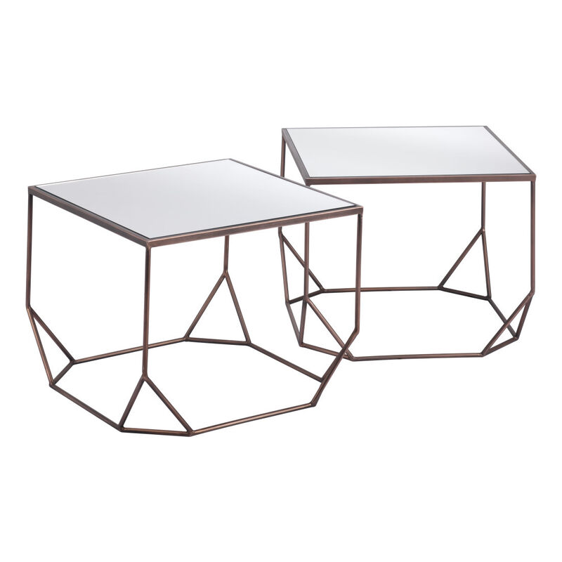 HomeRoots Set of Two Silver and Bronze Mirrored Glass and Steel Square Abstract Bunching Coffee Tables image number 4