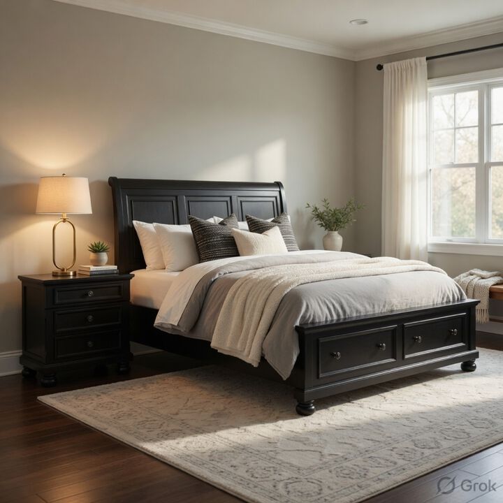 Queen Size Bedroom Set, Black Finish, Storage Bed with Drawers, 2-Piece Set with Bed and Nightstand