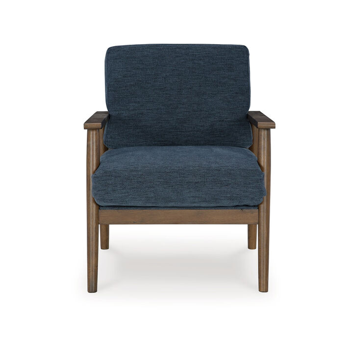 Bixy Accent Chair, 31 Inch, Brown Wood Armrests, Dark Blue Polyester