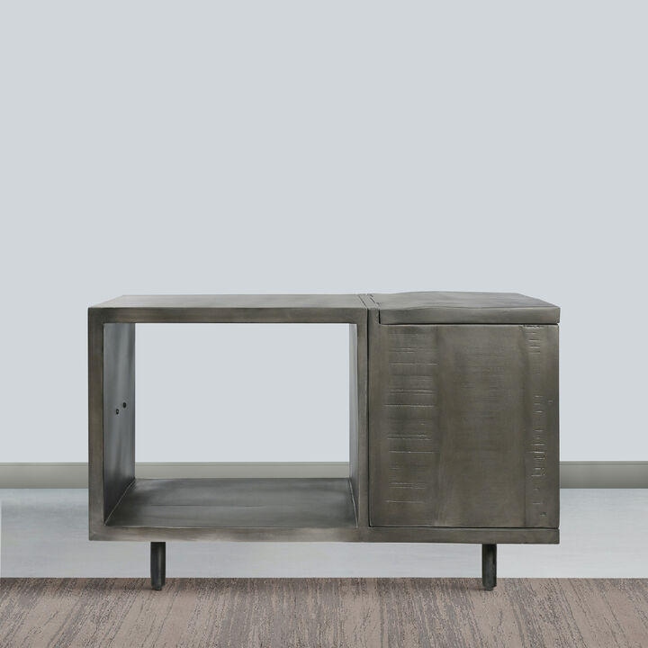 30 Inch Handcrafted Coffee Table with Hinged Lift Top Storage, Open Shelf, and Metal Legs, Charcoal Gray-Benzara