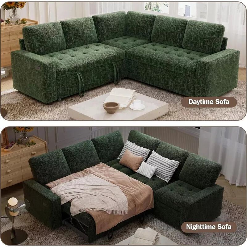 Vipbear 79" 5-Seat L-Shaped Sectional Sleeper Sofa Bed, Chenille Pull-Out Couch with Backrest image number 2