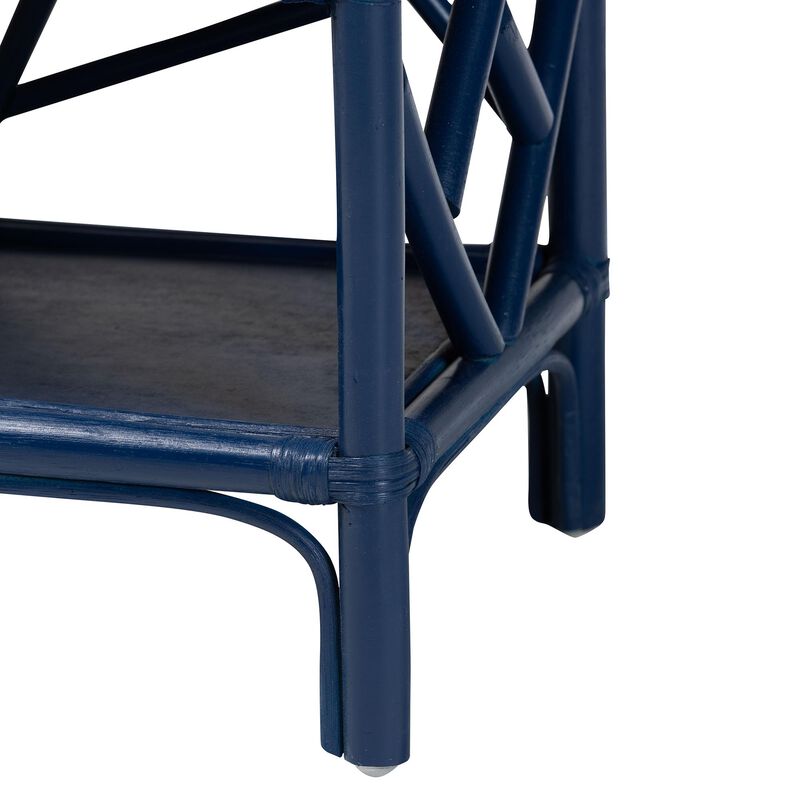 bali & pari Daina Natural Rattan Nightstand with Drawer and Open Shelves– Coastal Bedside Table with Geometric Design, Blue