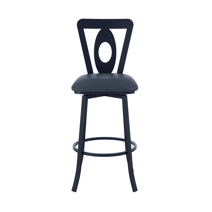 HomeRoots 30" Gray And Black Faux Leather And Fabric And Iron Bar Height Swivel Bar Chair