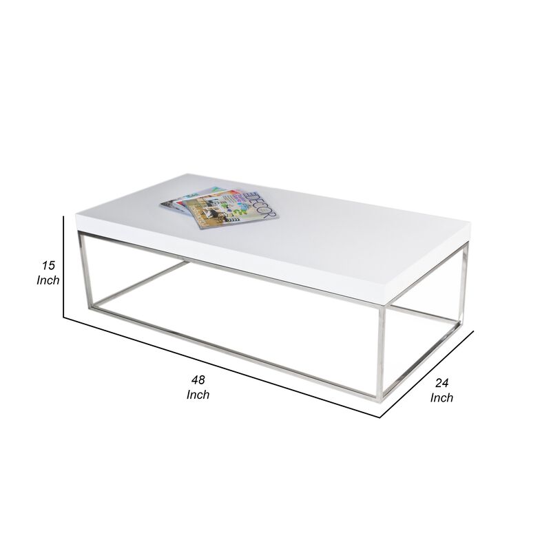 Zen 48 Inch Coffee Table, Rectangular White Lacquer Top, Chrome Steel Frame