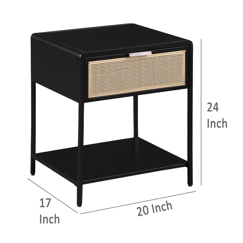 Lanie Bedside Table with Drawer and Open Shelf, PE Cane, Black Metal