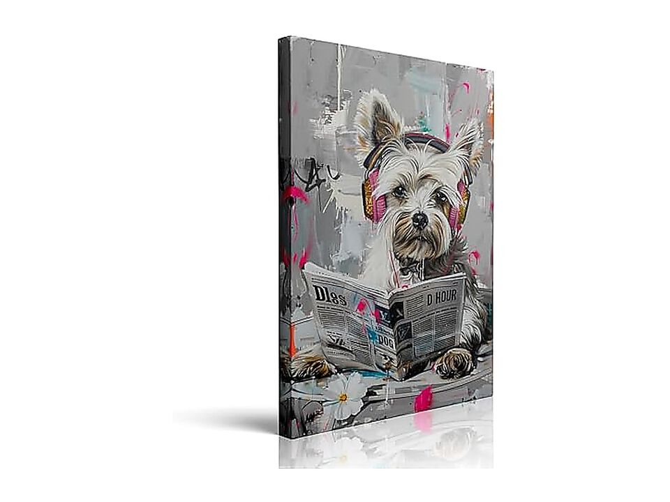 Canvas Wall Art Framed Dog Wearing Headphones Music Graffiti Decor Colorful Pet