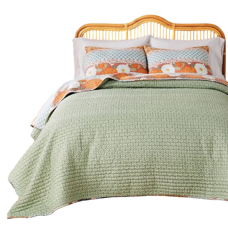 Nite 3pc King Quilt Set, Calico Floral Songbird Pattern, Cotton Microfiber - Benzara