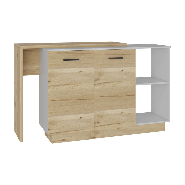 DEPOT E-SHOP Creta Kitchen Island, Double Door Cabinets, Two External Shelves, Three Shelves, White / Light Oak