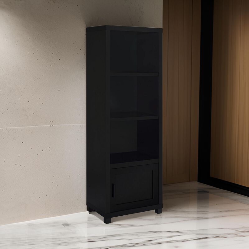 Janice Media Tower Bookcase, 3 Shelves, 1 Storage Cabinet,  Black Finish - Benzara