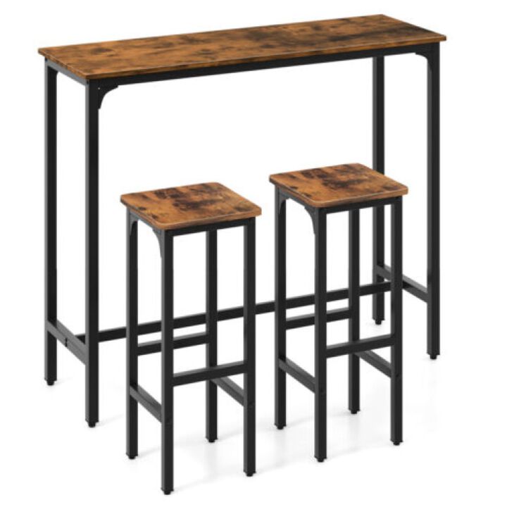 3 Pieces Industrial Bar Table and Chairs Set with Metal Frame