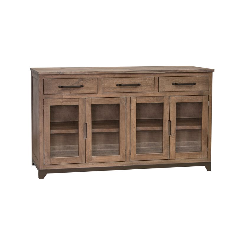 Umey 70 Inch Sideboard Console, Mango Wood, 3 Drawers, 4 Glass Doors, Brown