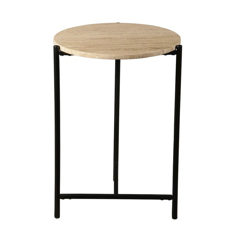 World Interiors Charleston 18 Side Table in Travertine Stone and Iron