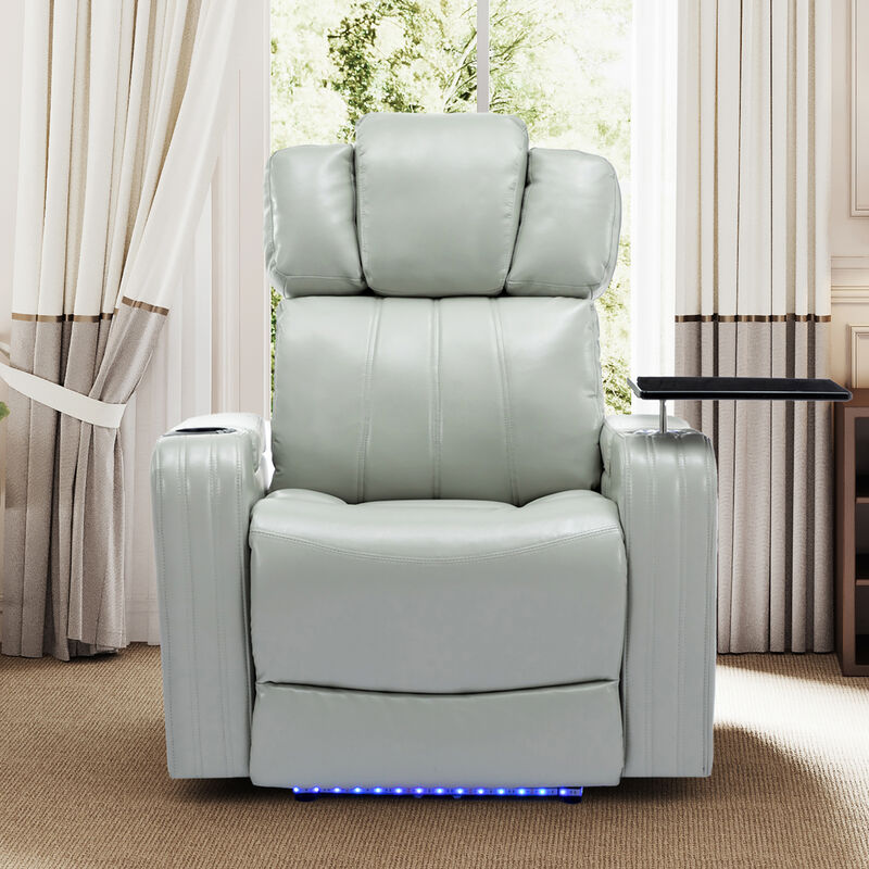 Whisen PU Leather Power Recliner with Cup Holder, Bluetooth Speaker, LED Lights, USB Ports, Tray Table and Arm Storage