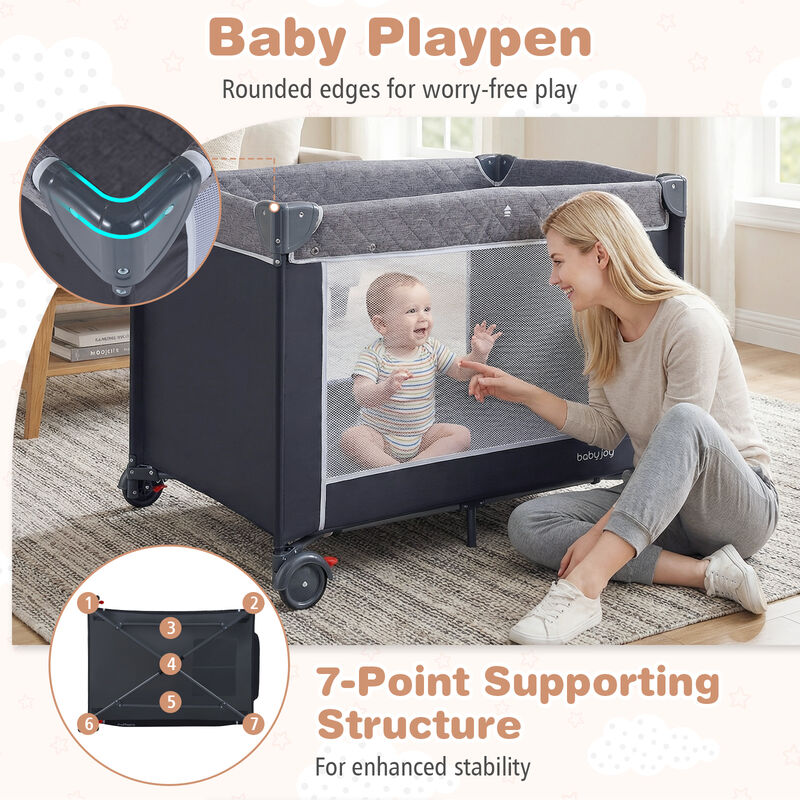 Portable 3-in-1 Baby Playpen Crib with Diaper Changing Table image number 6
