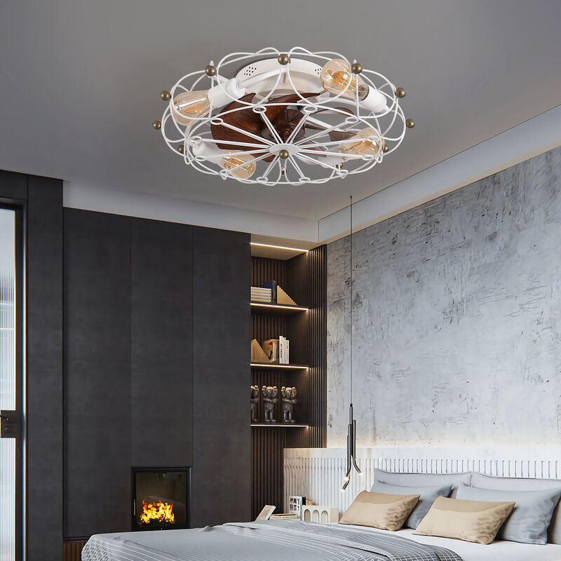 Modern Industrial 20-Inch White Caged Ceiling Fan &ndash; Reversible 6-Speed, with Light Kit & Remote image number 8