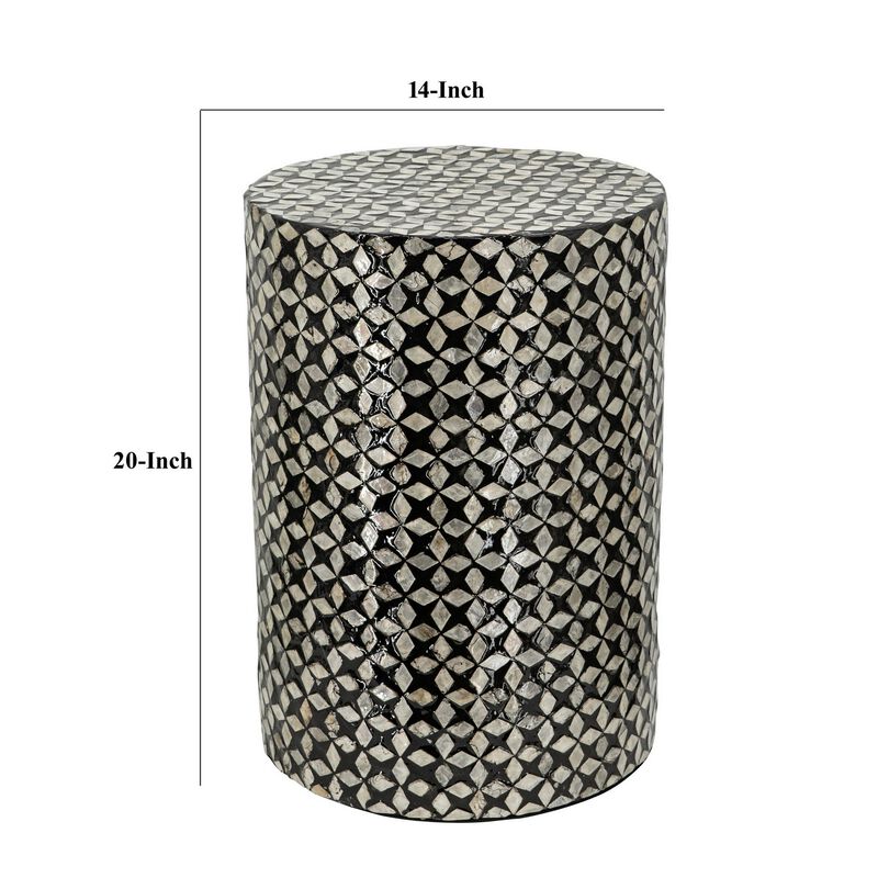 20 Inch Capiz Accent Stool Table, Cylindrical Geometric, Silver, Black