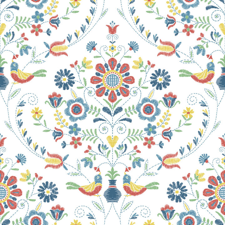 Britt Multicolor Embroidered Damask Wallpaper