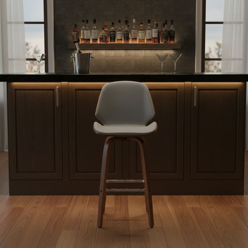 26" Gray Faux Leather and Walnut Wood Swivel Bar Stool image number 7