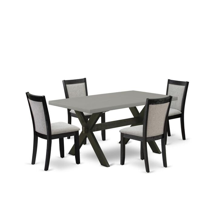 East West Furniture 5 Piece Dining Set - Cement Top Mid Century Modern Dining Table with Trestle Base and 4 Shitake Linen Fabric Kitchen Chairs - Wire Brushed Black Finish