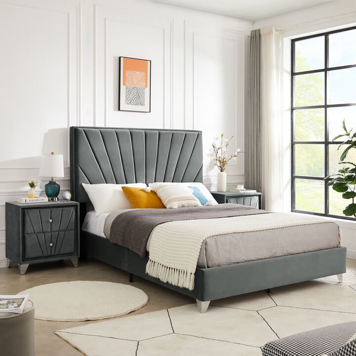 Queen bed with one nightstand, Beautiful line stripe cushion headboard, strong wooden slats + metal legs with Electroplate