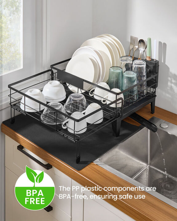Kitchen Dish Rack with Drainboard and Extendable Spout Black