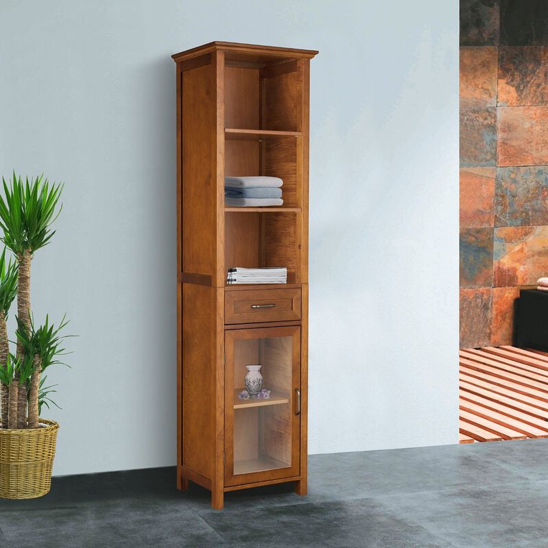 Hivvago Oak Finish Bathroom Linen Tower Storage Cabinet with Shelves
