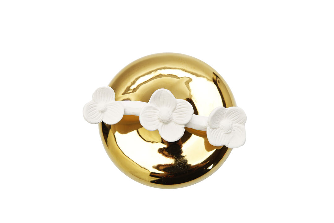 Gold Circular Diffuser With Three White Flowers, "English Pear & Freesia" Scent