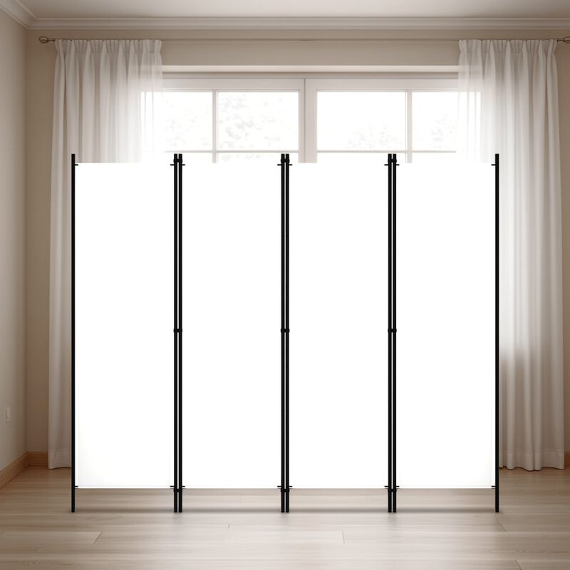 Folding Room Divider, 79x71 White Fabric, Black Iron Frame, 4 Panels - Benzara