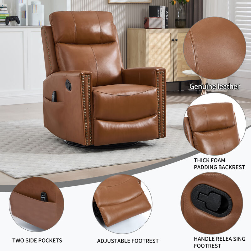 Genuine Leather Heat Massage Manual Recliner Chair with Rocker and Swivel for Living Room image number 9