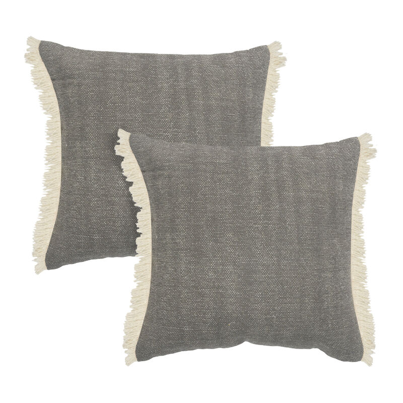 HomeRoots Set of Two 20" Gray And Off White Cotton Throw Pillows with Fringe image number 0