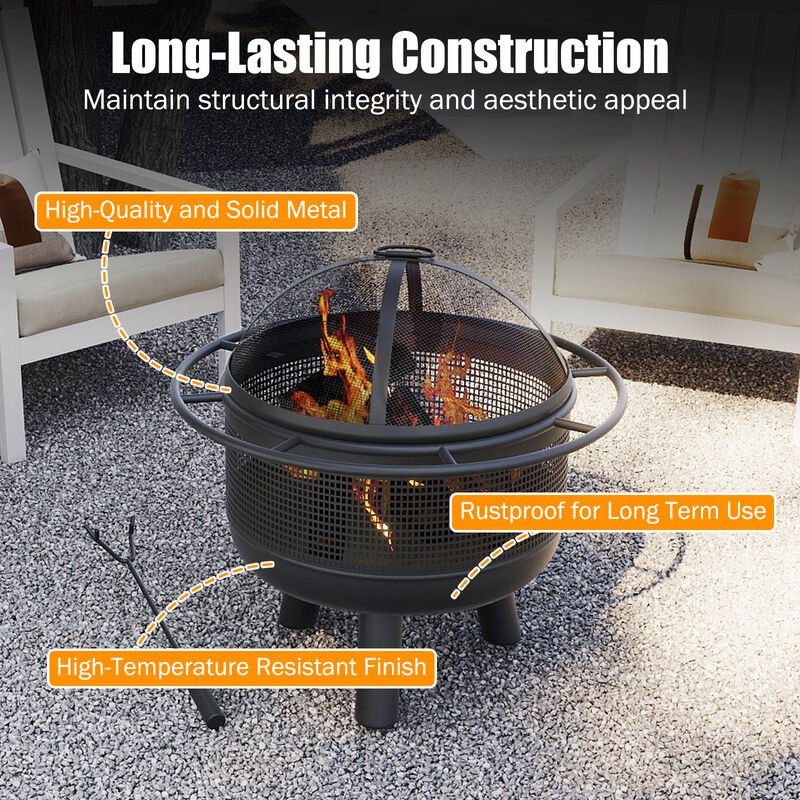 24" Outdoor Wood Burning Fire Pit with Log Grate and Spark Mesh Screen image number 5