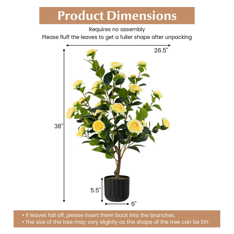 38 Inch Artificial Camellia Tree Faux Flower Plant in Cement Pot