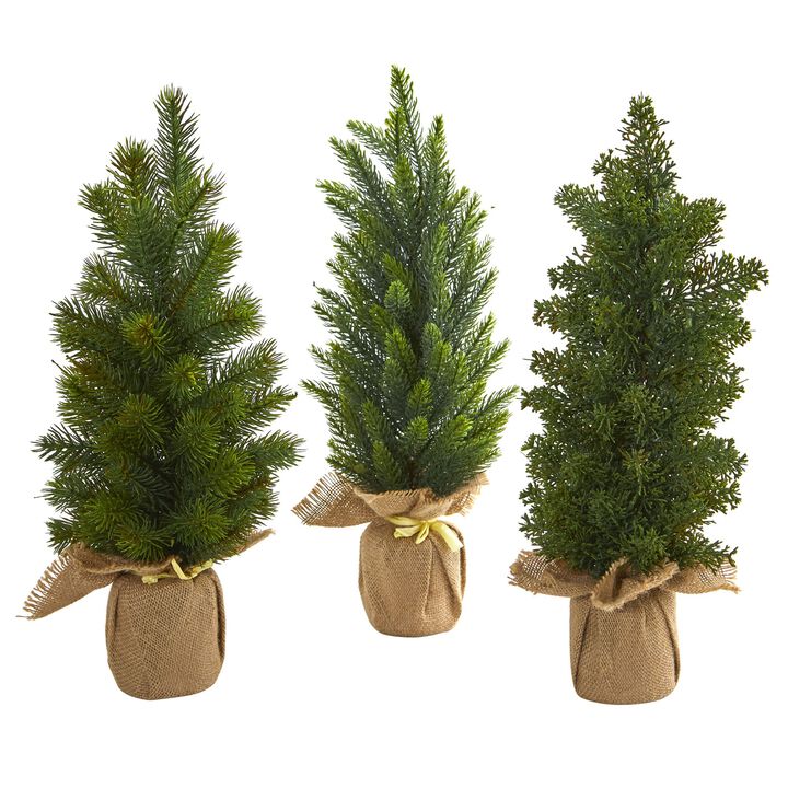HomPlanti 15 Inches Mini Cypress and Pine Artificial Tree (Set of 3)