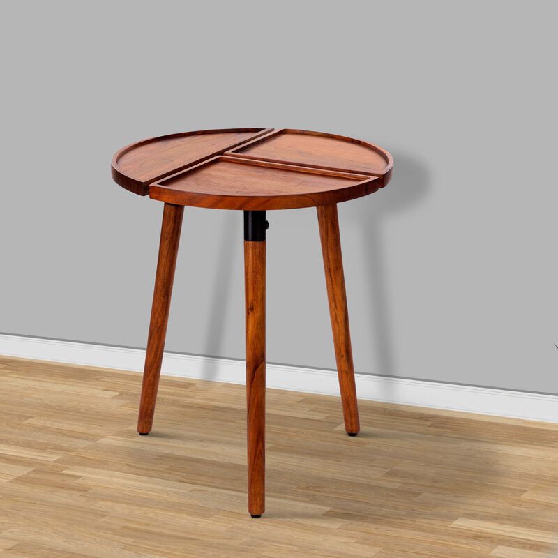 18 Inch Round Acacia Wood Side Accent End Table with 3 Tabletop Sections, Warm Brown-Benzara