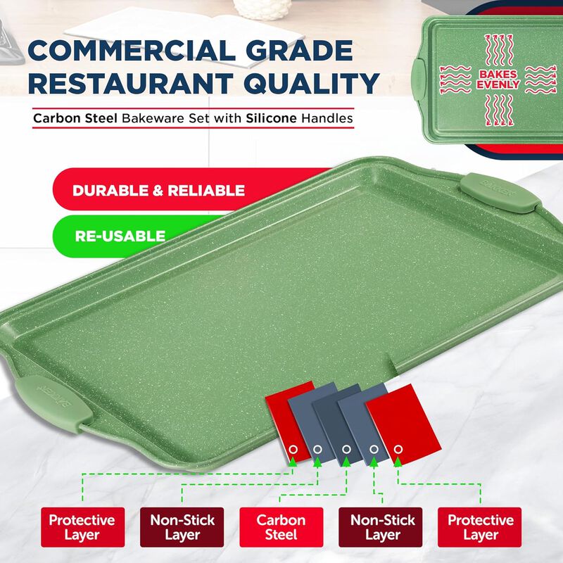 BAKKEN Kitchen Baking Pan Set - Nonstick Coating, Carbon Steel Bakeware Sets with Silicone Handles, Baking Kitchen Essentials, PFOA, PFOS, PTFE Free, Oven Safe Tray (Up To 450° F), Set of 6