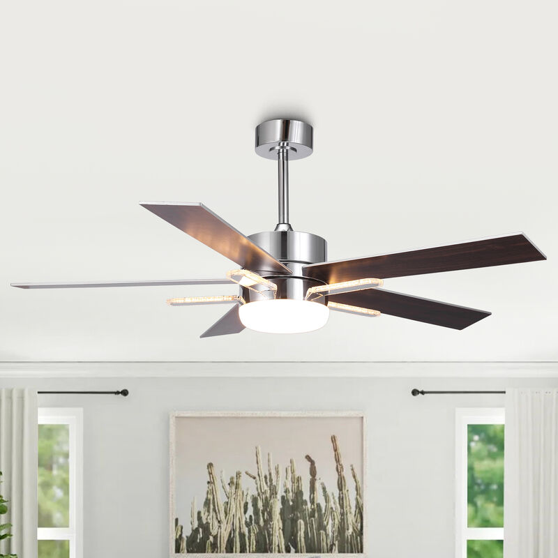 52" Chrome Modern 3CCT Integrated LED Ceiling Fan with 5 Acrylic Bars and Remote