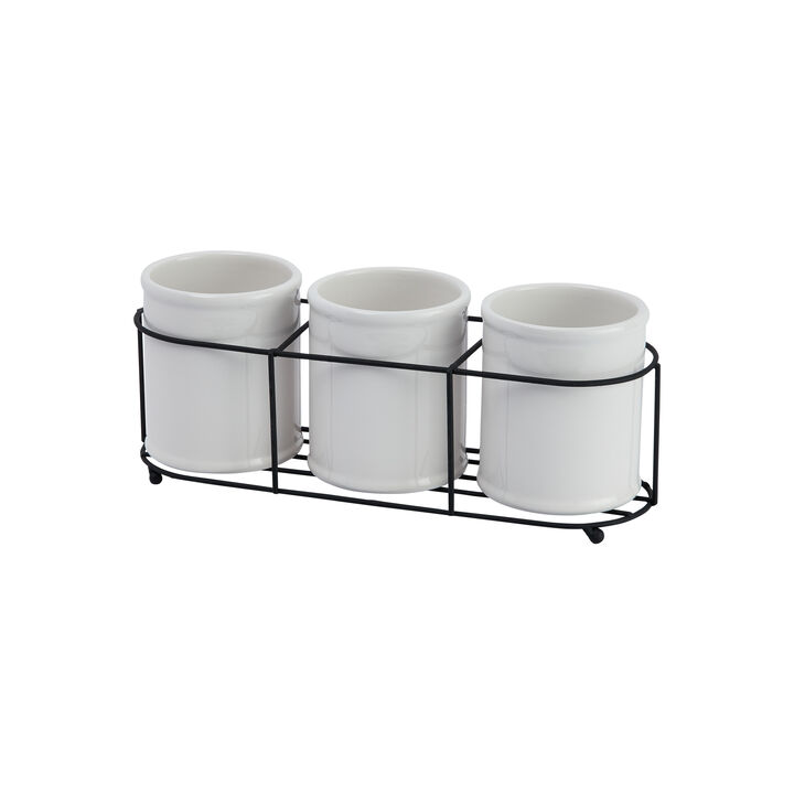 Farmhouse Ceramic Crocks in Metal Holder, White and Black