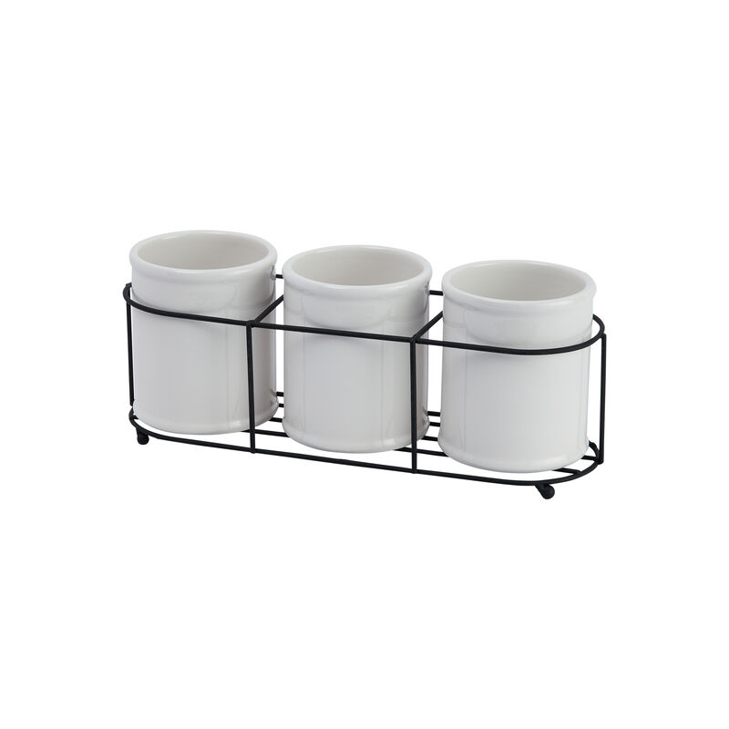 Farmhouse Ceramic Crocks in Metal Holder, White and Black image number 0