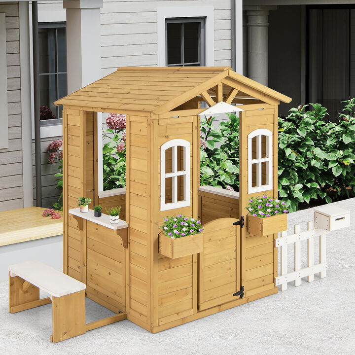 Outdoor Toddler Playhouse with Bench Seat and Service Counters &ndash; Wooden Build, Age 2+