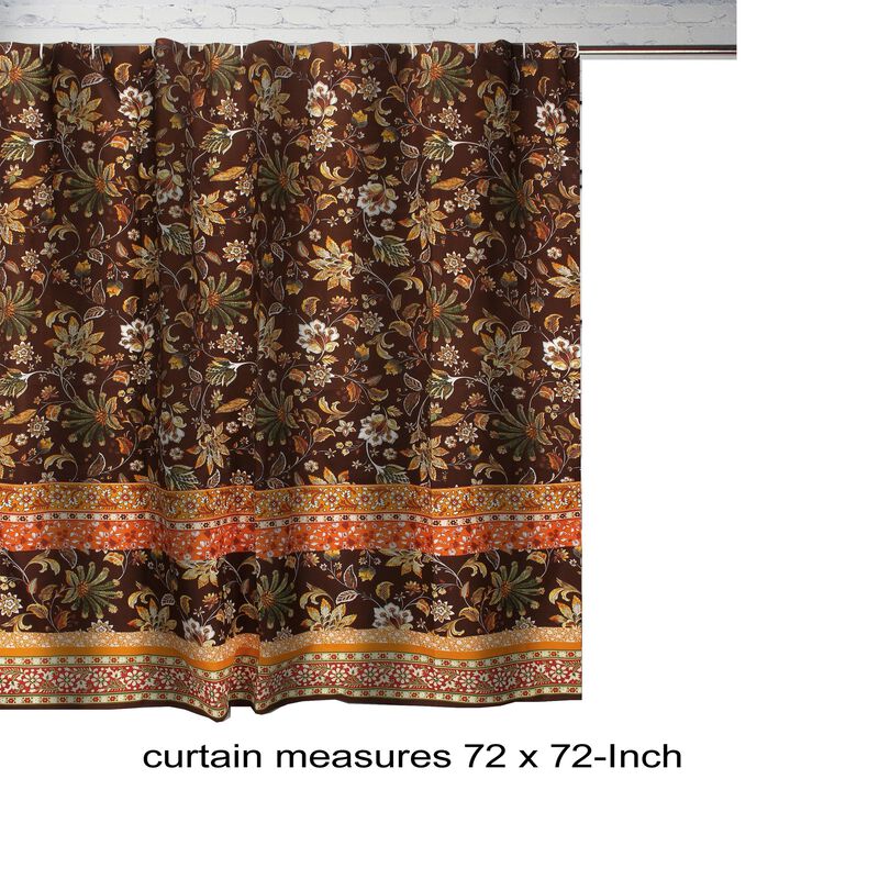Athens 72 Inch Shower Curtain, Brown Microfiber Polyester, Jacobean Print-Benzara