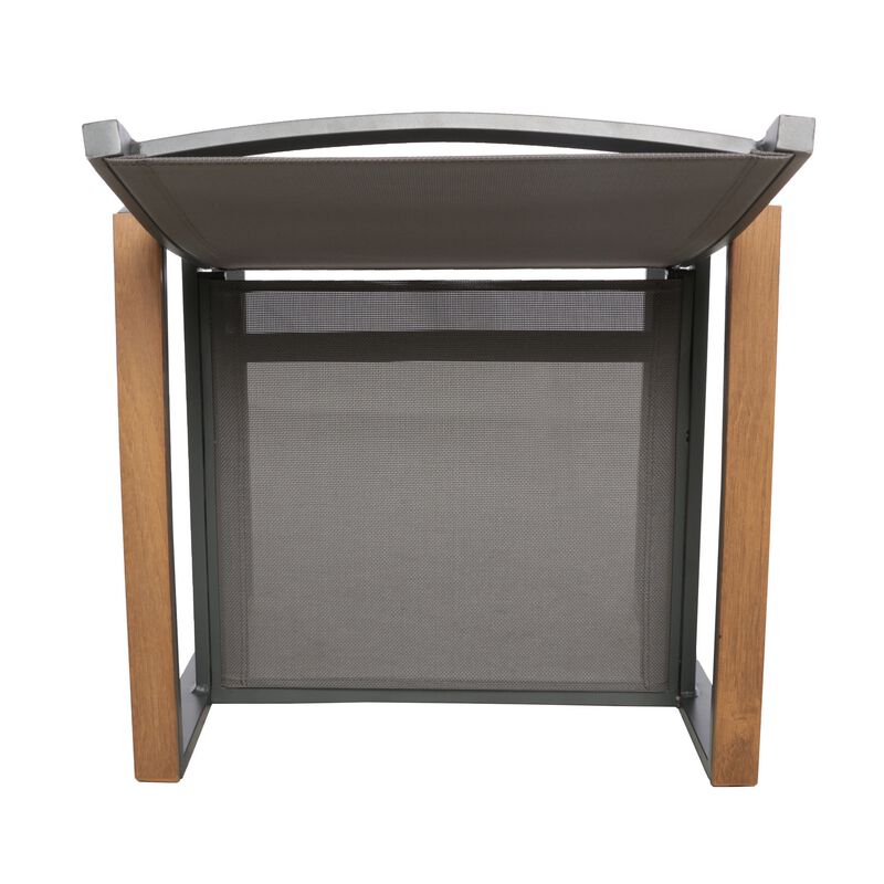 Outdoor Dining Chair Set of 2, Gray Mesh Seat and Brown Faux Wood, Metal - Benzara