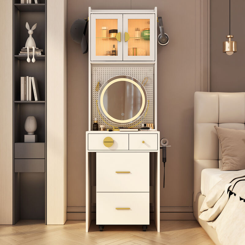 Small Vanity Desk with Mirror and LED Lights – Compact Makeup Table with Illuminated Mirror and Storage