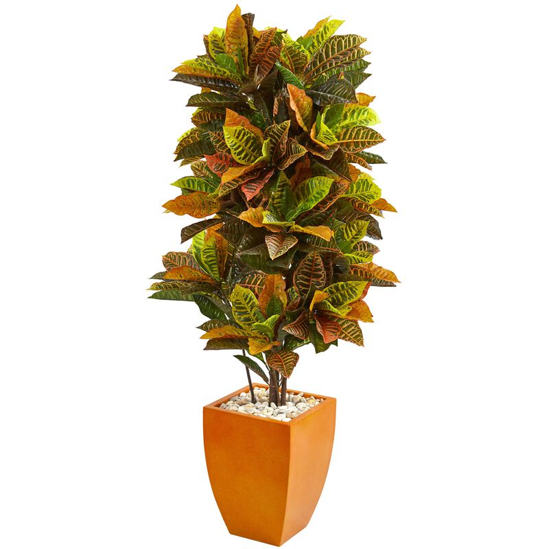 Hivvago 5.5" Croton Artificial Plant in Orange Planter (Real Touch)