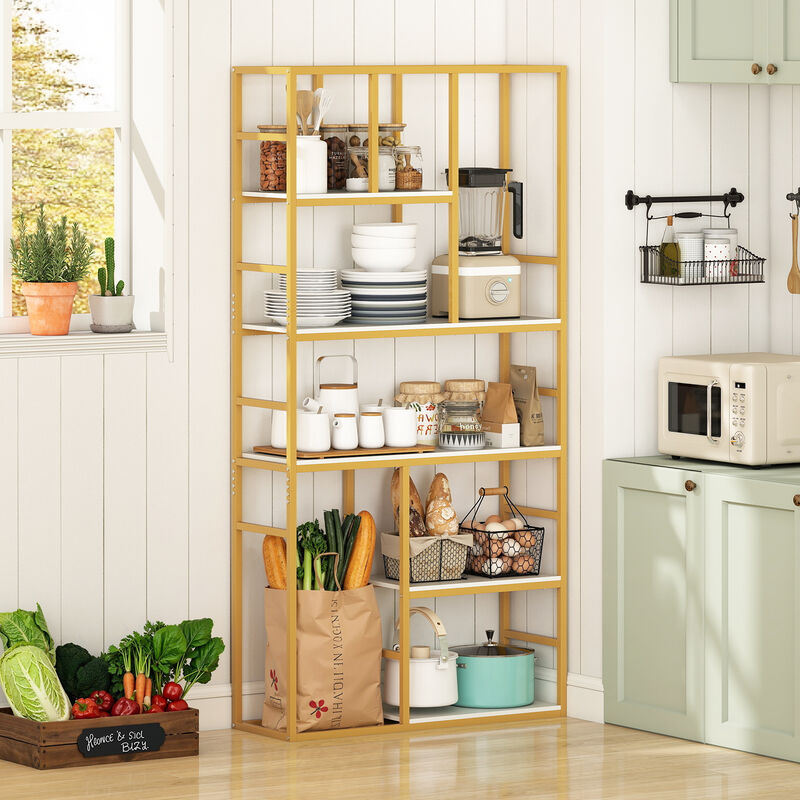 71" Tall Geometric Bookshelf, 5 Tier Metal Frame Bookcase-White and Golden image number 1