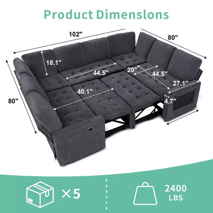 102" 8-Seat U-Shaped Modular Sectional Sleeper Sofa with Pull Out Bed, Chenille Reclining Backrests