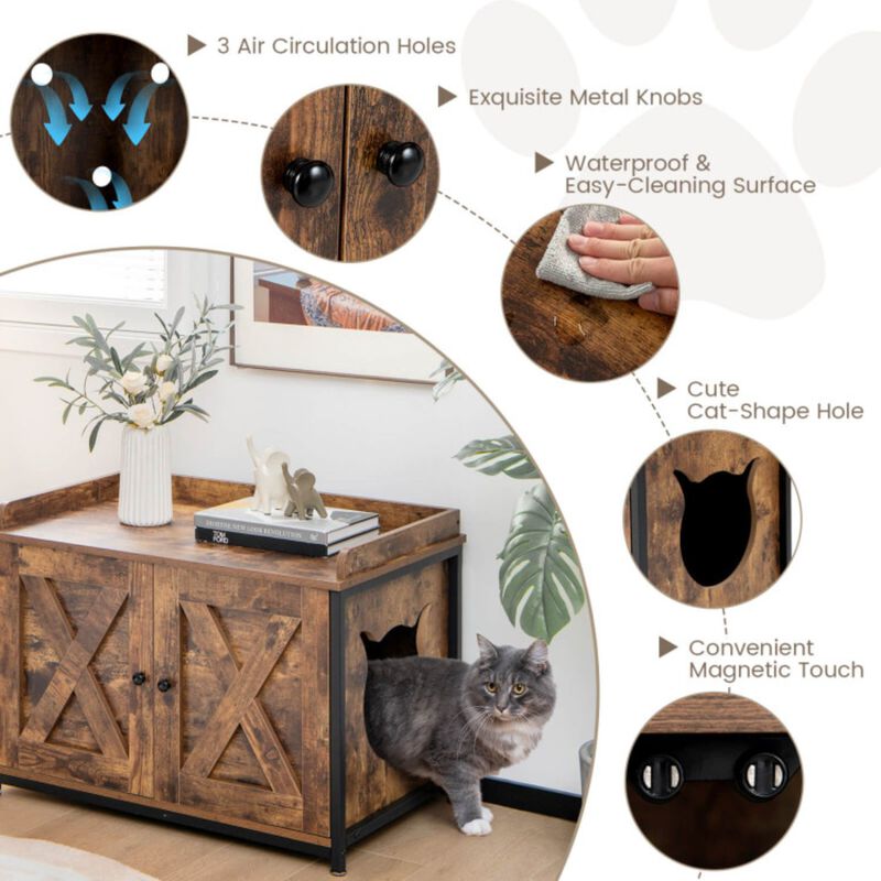 Cat Litter Box Enclosure with Double Doors and Adjustable Footpads